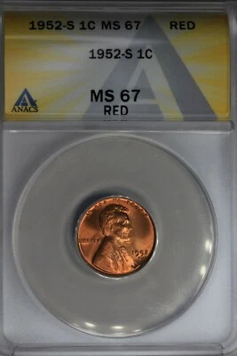 1952-S  .01  ANACS  MS 67 RED  Lincoln Head Cent, Lincoln One Cent - Image 1 of 2