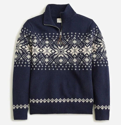 Nuevo con etiquetas Suéter de esquí nórdico J Crew 100 % lana de cordero media cremallera Fair Isle azul y blanco Foto 1 de 2