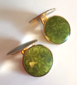 Gemelos verdes vintage de oro de ley con esmalte guilloche de Noruega - Imagen 1 de 9