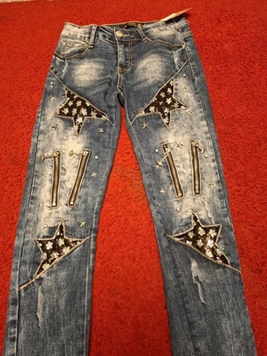 DENIM ORIG.Stretch Rohrenjeans.Strass/Sterne/Pailiette.Gr.XS/34.Ausergewohnllich - Bild 1 von 4