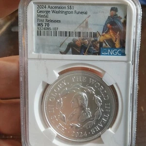 2024 Ascension Island $1 Silver Medal -George Washington Funeral NGC MS 70  - Picture 1 of 3