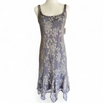 Новый без ценников Y2K металлический кружевной оверлей бисером ассиметричный Midi платье фея гранж размер 6 - Изображение 1 из 4