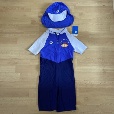Brand New Arena Boys Blue Navy One Piece Swimming Costume & Cap 9-10 Years 140cm - Image 1 of 4