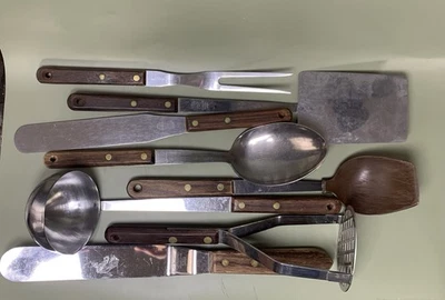 Vintage   Kitchen Utensil  Lot Spatula Ladle Spoon Masher Wood Handles 8 Pieces - Image 1 of 4