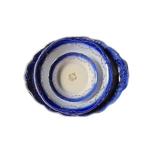 ANTIKE LA FRANCAISE HALBGLAS FLOW BLAU SERVIERPLATTE + 2 SCHALEN, 5 - Bild 1 von 16