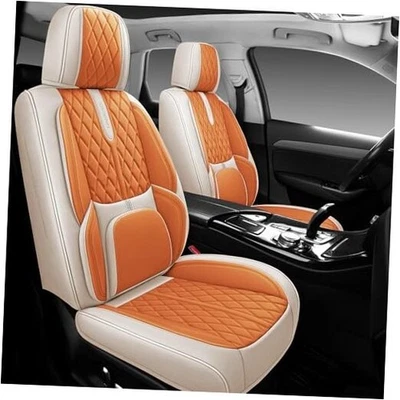 Cómodas fundas de cuero para asiento de auto asiento delantero y trasero naranja y blanco roto Foto 1 de 4