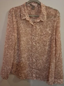 Forever 21 Plus transparentes geblümtes Oberteil Knopfleiste Langarm Kragen rosa Größe Large - Bild 1 von 17
