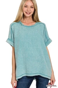 Top Zenana de doble gasa lavada para mujer cuello redondo S-L verde azulado polvoriento - Imagen 1 de 9