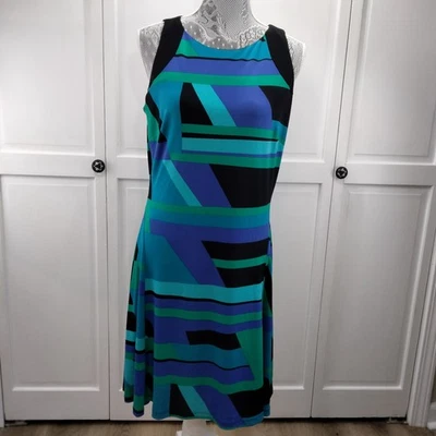 Vestido American Living feminino 12 sem mangas geométrico preto azul verde ver fotos - Imagem 1 de 4