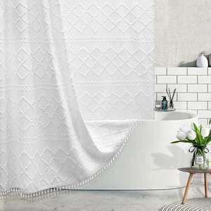 White Boho Shower Curtain Fabric Shower Curtains with Tassel 72 x 72 Modern T... - Picture 1 of 7