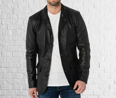 Tailored Black leather blazer for men with long sleeves and polished look - Image 1 of 4