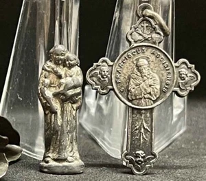 Italien altes Lot x2 Kreuz Hl. Franz von Assis & Kabine Mini Statue Hl. Antonius - Bild 1 von 18