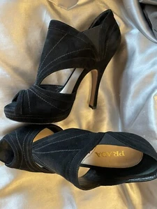 Prada 39 8 U.S. 4-5” Heels Black Suede Peek-A-Boo Toes Slip On Luxury Formal Fun - Picture 1 of 9