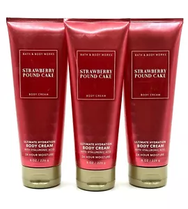 NEW 3 BATH & BODY WORKS STRAWBERRY POUND CAKE 24 HR ULTRA SHEA BODY CREAM 8 OZ - Picture 1 of 3