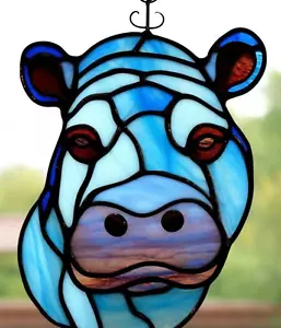 MAGNIFICENT BLUE AFRICAN HIPPOPOTAMUS Stained Glass SUNCATCHER Australian Made - Bild 1 von 24