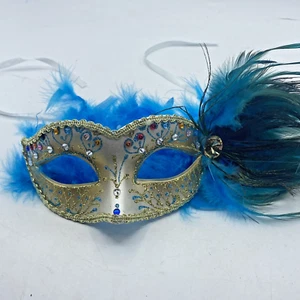 Blue Teal & Gold Peacock Masquerade Mask With Feathers Venetian For Women - Picture 1 of 11