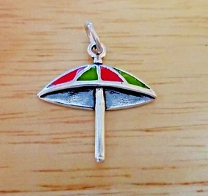 Sterling Silver 3D 20x8mm Enamel Pink & Green Backyard Beach Umbrella Charm - Picture 1 of 5