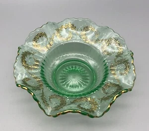 Antique Vaseline Glass Ruffled Scalloped Edge Gold Raised Pedestal Bowl - Picture 1 of 6
