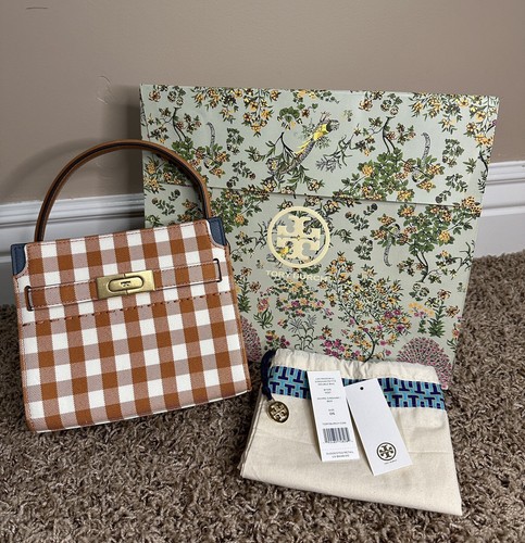 Borsa doppia Tory Burch Lee Radziwill Gingham Petite #81105 con sacchetto regalo ~NUOVA