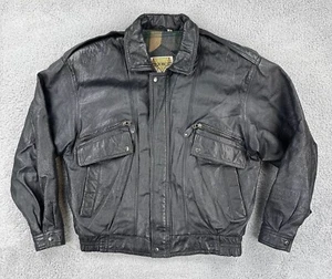 Vtg Phase 2 L Black Leather Bomber Biker Hip Hop Jacket Green Plaid Fleece Lined - Picture 1 of 23