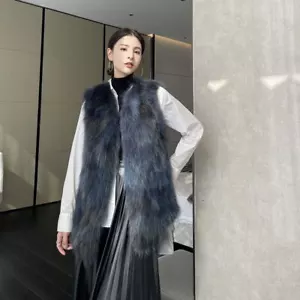 Fashion Women's Real Fur Vest Raccoon Fur Sleeveless Winter Mid Long Coat Jacket - Picture 1 of 23