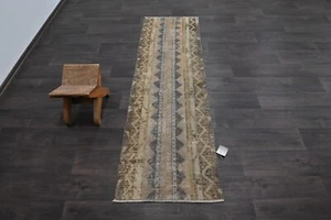 Vintage Turkish Runner Rug 2x6ft Wool Anatolian Handmade Hallway Oushak BROWN - Picture 1 of 9