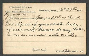 PZ PITTSFIELD MA STEVENSON MFG DATATO 1892 PRODUCE BOBINE, BOBINE NAVETTE E CANNE - Foto 1 di 1