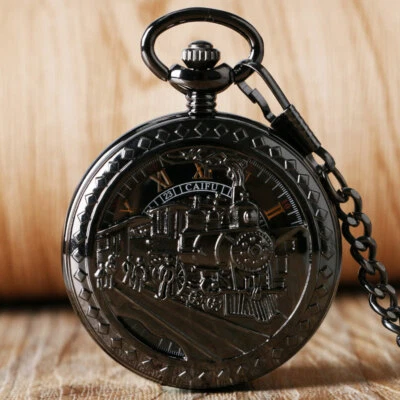 Vintage Hollow Locomotive Mechanical Hand Wind Unisex Pocket Watch Chain Gift - Image 1 of 4