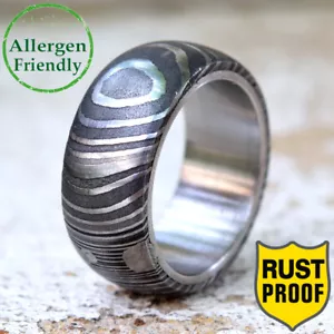 Customized Silver Sleeve Dome Damascus Steel Gunmetal Men Ring Band Gift For Him - Picture 1 of 10