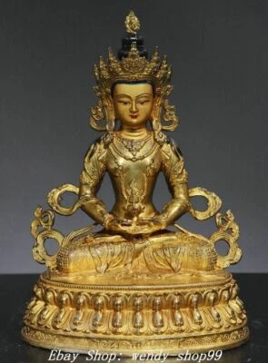 12" Antiguo Tíbet Cobre Dorado Pintura Amitayus Longevidad Diosa Buda Estatua Foto 1 de 4