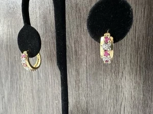Ross Simons Gold Over Sterling 925 Ruby Diamond Cuff Hoop Earrings - Picture 1 of 8
