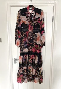 Karen Millen Tie Neck Lace Insert Floral Print Maxi Dress Size 10 - Picture 1 of 11