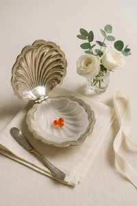 England 1960s Silver Plated Brass Frosted Glass Folding Shell Caviar Dish, 5x2” - Picture 1 of 16