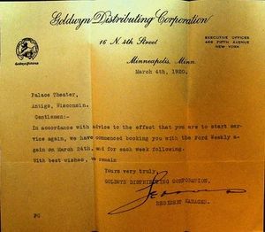 Goldwyn Distributing Corp Letterhead March 4 1920 Ford Weekly Silent Film - Bild 1 von 1
