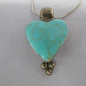 Collar Colgante Corazón Turquesa Plata Esterlina México Vintage 30" 16.9g C551 - Imagen 1 de 11