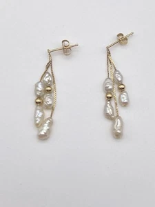Lovely Seed Pearl Baroque 14k Gold Chain Drop Dangle Earrings with Posts - Picture 1 of 5