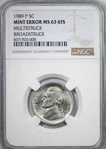 1989-P Jefferson Nickel 5C NGC Mint Error MS63 6FS Multistruck Broadstruck - Picture 1 of 5