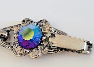 Vintage Art Deco flower link bracelet with Peacock AB silver foiled stones - Image 1 of 4