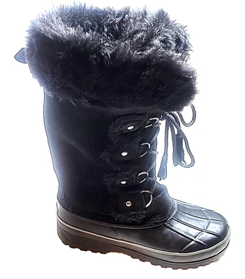 Khombu Duck Boots Snow Rain Black on Black Leather Faux Fur Trim Women's 8M - Image 1 of 4