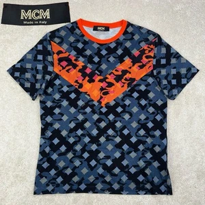 MCM Italy Mens Designer Blue Cotton Orange Chevron Camo Lion MHT9AMM12VG Shirt M - Picture 1 of 15
