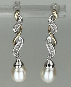 Alwand Vahan AV Sterling Silver + 14k Yellow Gold Pearl Diamond Dangle Earrings - Picture 1 of 8