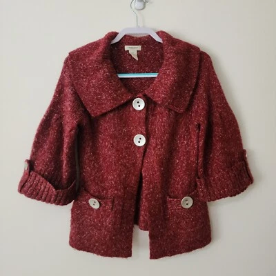 Vertigo Paris Womens Knit Cardigan Burgundy Red 3/4 Sleeve Big Buttons Size S - Image 1 of 4