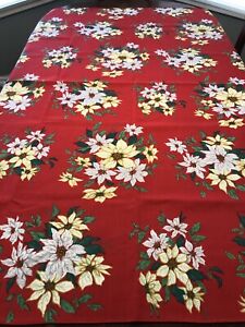 Holiday Tablecloth White Poinsettia on Red Linen 68” x 52” Seats 4-6