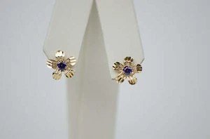 yellow gold 14k flower earrings cz stud back screw - Picture 1 of 12