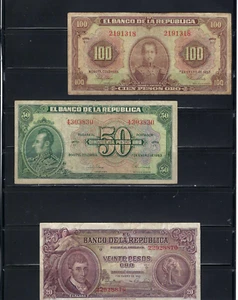 COLOMBIA. $20- $50- $100 PESOS ORO.  BANK NOTE- BANREPUBLICA 1940- 53-58 - Picture 1 of 8