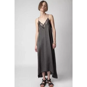Zadig & Voltaire NWT Risty ZV print Kaki Silk Maxi Dress Size M Black Lace Trim - Picture 1 of 7