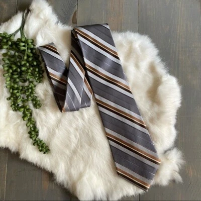 J. Ferrar Striped Silk Tie Necktie Grey Brown Tan Gold - Image 1 of 4