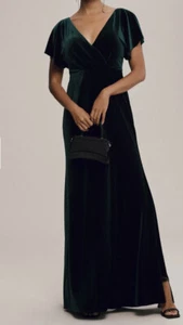 Jenny Yoo Ellis Emerald Green Velvet Flutter Sleeve Gown Dress Anthropologie 4 - Picture 1 of 12