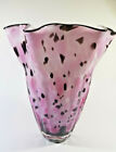  Murano Style Spatter  Art Glass Vase Ruffled Pink Dark Brown Black Rim