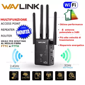AMPLIFICATORE SEGNALE WIFI 2,4 5 GHZ AC1200 velocissimo RIPETITORE FIBRA ROUTER - Foto 1 di 8